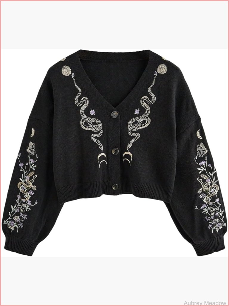 Cropped Cardigan V Neck Button Down Floral Embroidery Long Sleeve